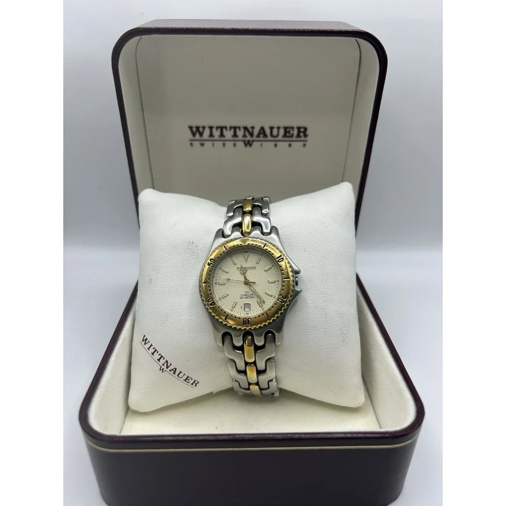 Vintage Wittnauer TT  Longlife 100m‎ Time Date Quartz Two Tone Men Watch W Box